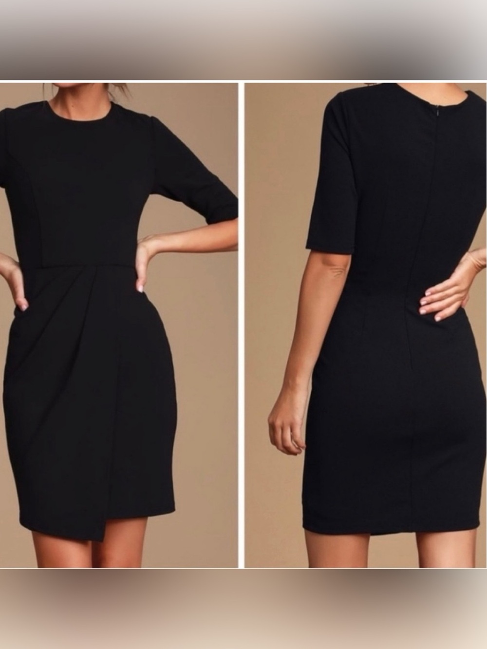 LuLus Westwood Half Sleeve Black Crewneck Pleated Faux Wrap Dress Size L